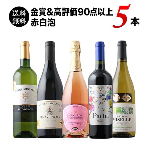 金賞&高評価90点以上の赤白泡5本セット(赤ワイン2本・白ワイン2本・スパークリングワイン1本)送料無料 ワインセット「8/4更新」
