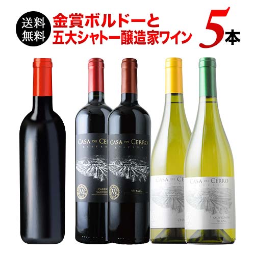 「11/25セット内容変更」金賞ボルドーと五大シャトー醸造家ワイン5本セット（赤3本＆白2本）送料無料 ワインセット