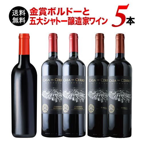 金賞ボルドーと五大シャトー醸造家ワイン5本セット（赤5本）送料無料 赤ワインセット