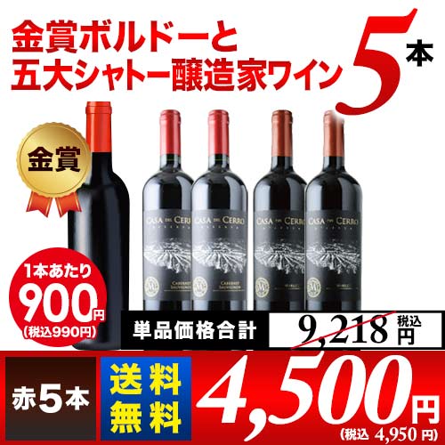 金賞ボルドーと五大シャトー醸造家ワイン5本セット（赤5本）送料無料 赤ワインセット