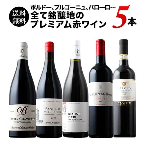 ボルドー、ブルゴーニュ、バローロ…全て銘醸地のプレミアム赤ワイン5本セット  送料無料 赤ワインセット