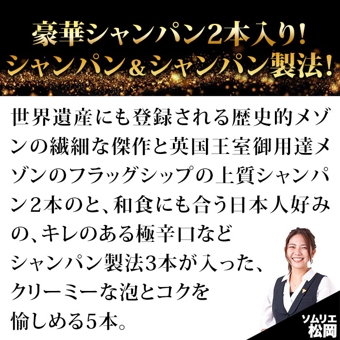 シャンパン2本入り！全てシャンパン製法スパークリング5本セット（シャンパン2本・スパークリングワイン3本） シャンパン・スパークリングワインセット 「11/21更新」
