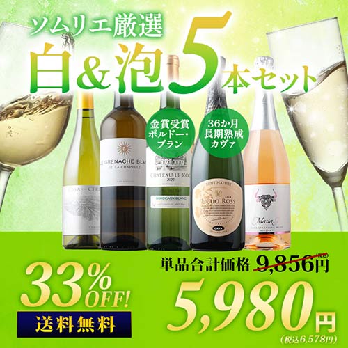 36か月長期熟成カヴァ&金賞白入り！ソムリエ厳選白&泡5本セット 送料無料「4/27更新」