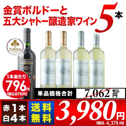 「2/7セット内容変更」金賞ボルドーと五大シャトー醸造家ワイン5本セット（赤1本＆白4本）送料無料 ワインセット